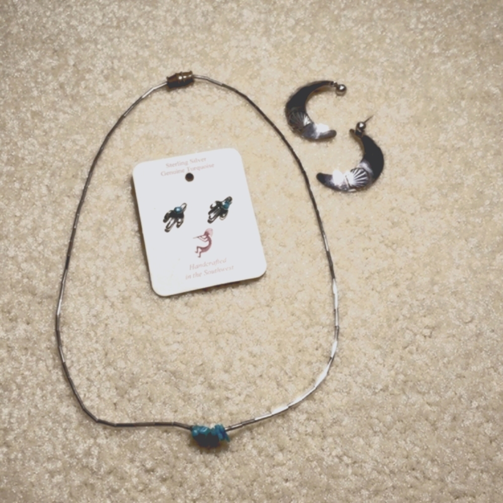 Two pairs of sterling silver earrings and one choker.